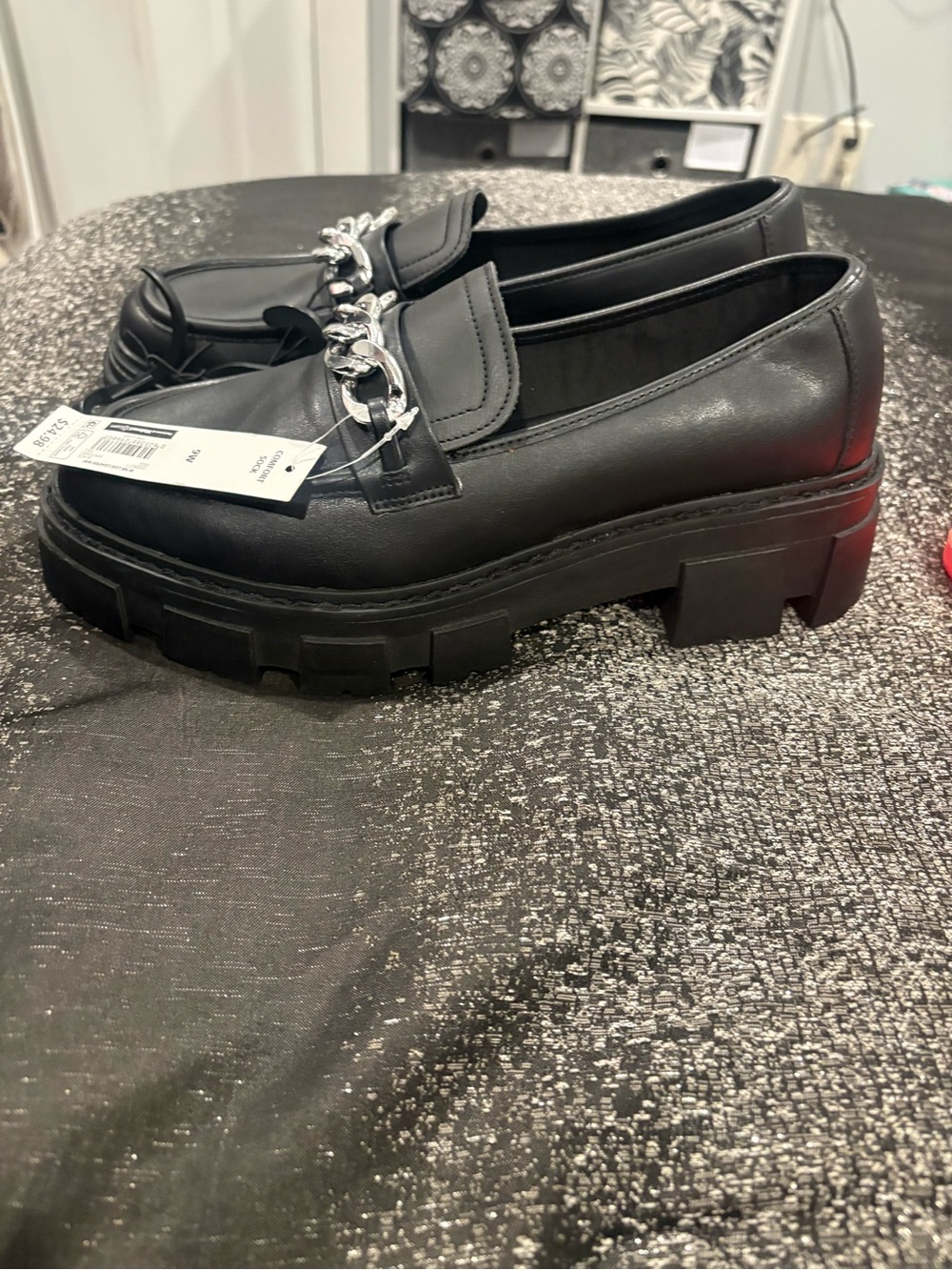 No Boundaries Black Platform Loafers with Silver Chain